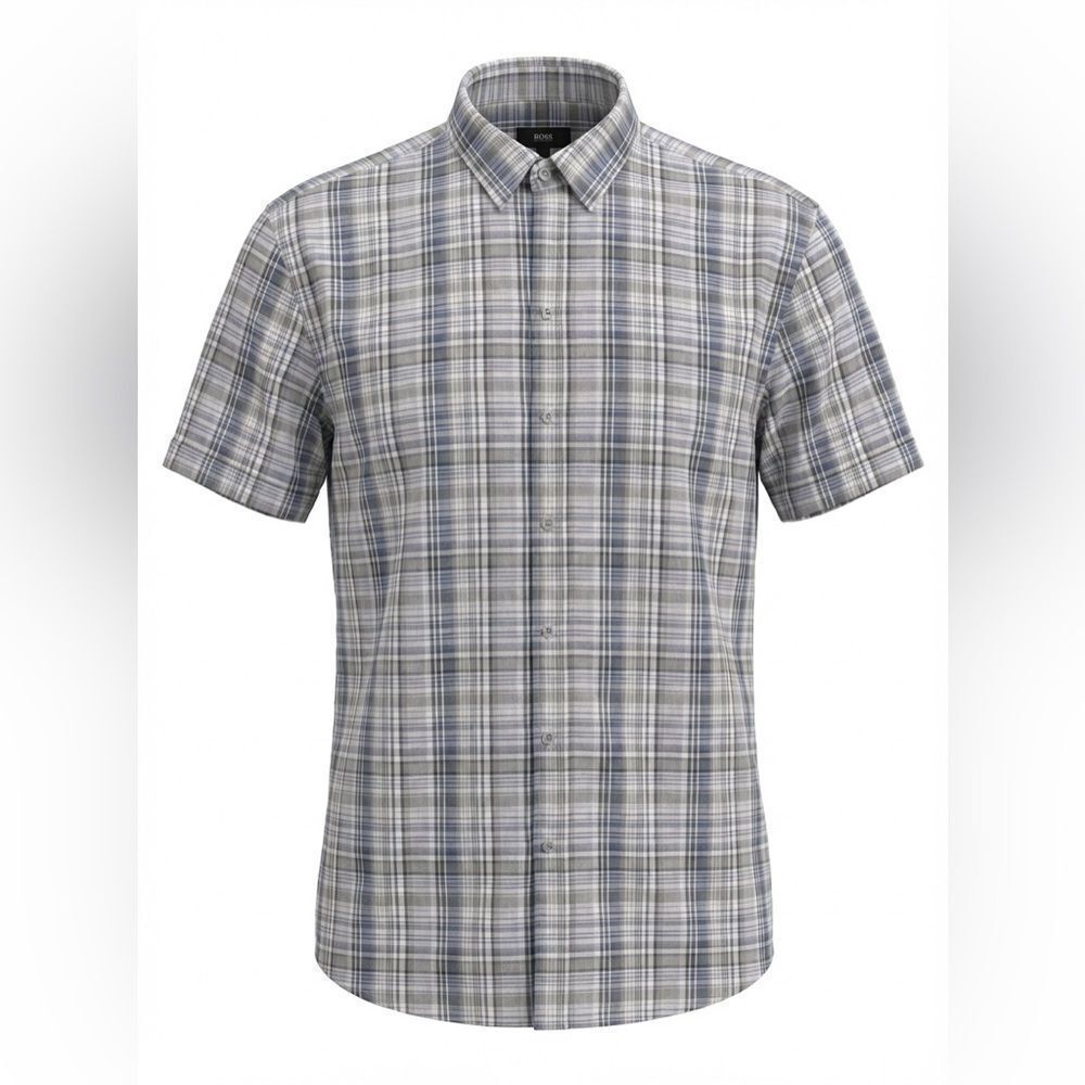 HUGO BOSS MENS BUTTON DOWN SHORT SLEEVE SHIRT SIZE XL BLUE GREEN CHECK